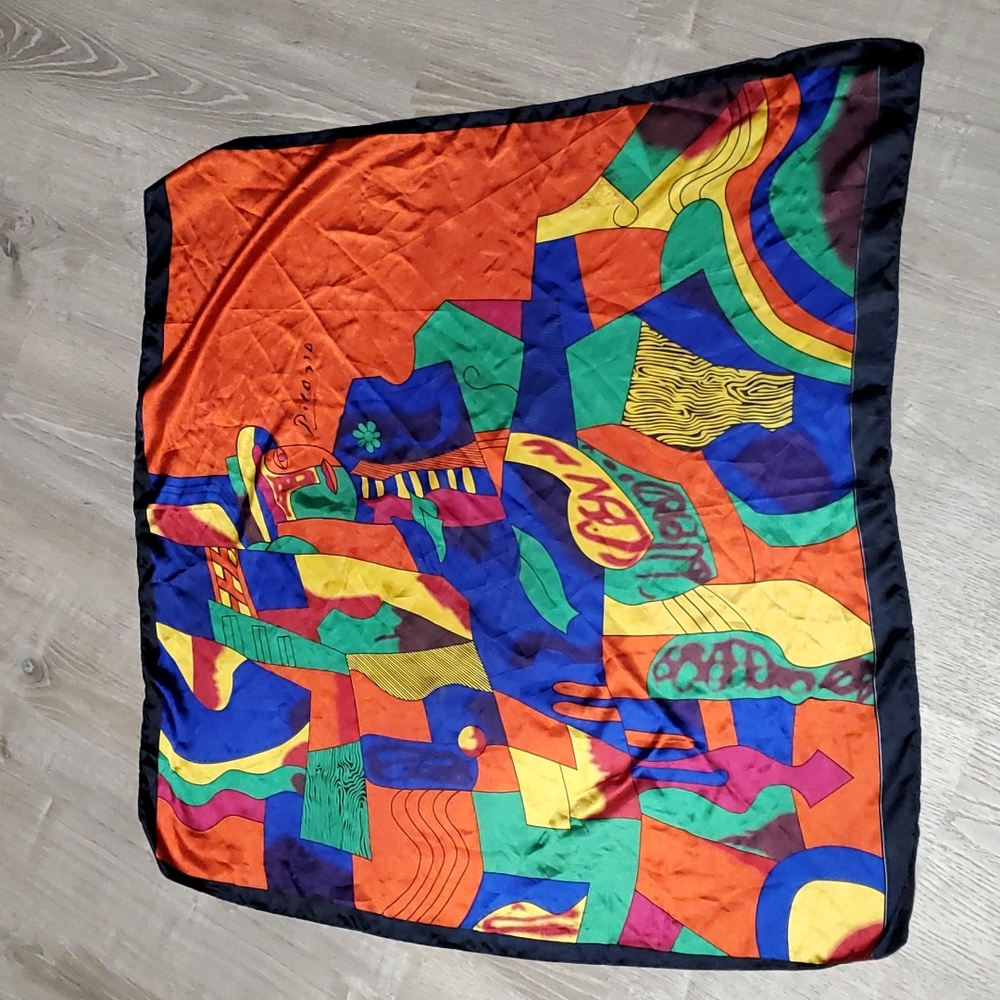 Vintage 80s Picasso Pop Art Silk Scarf Large Square Bright - Picture 1 of 4